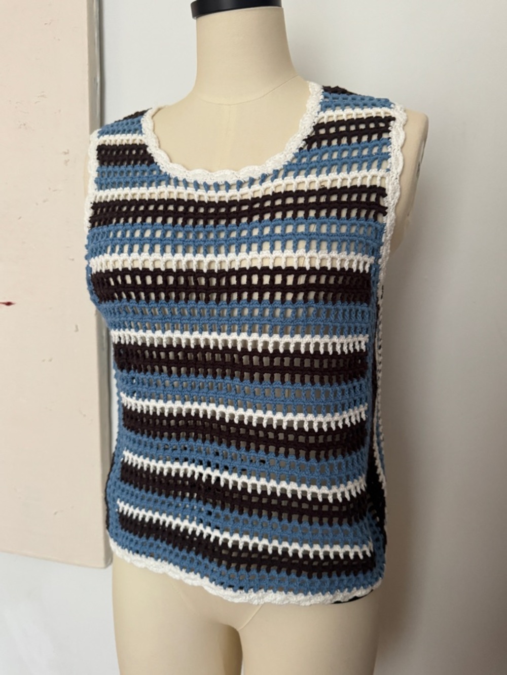 Striped Crochet Tank Top in Blue, White & Brown